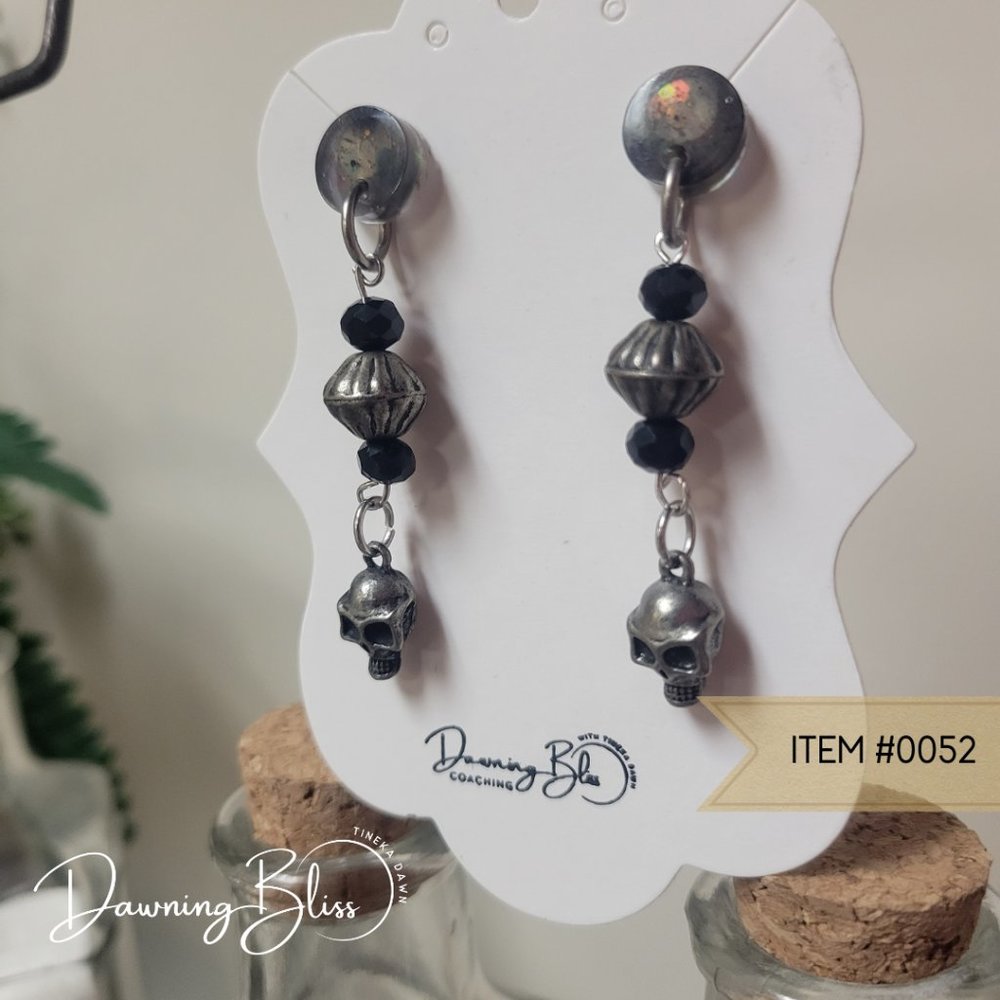 Spooky Dangle Studs- Halloween Themed Skull Black and Silver Earrings- Tineka D